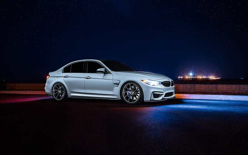 F80, BMW M3, nightscapes, 2017 cars, tuning, white M3, german cars, BMW, HD wallpaper