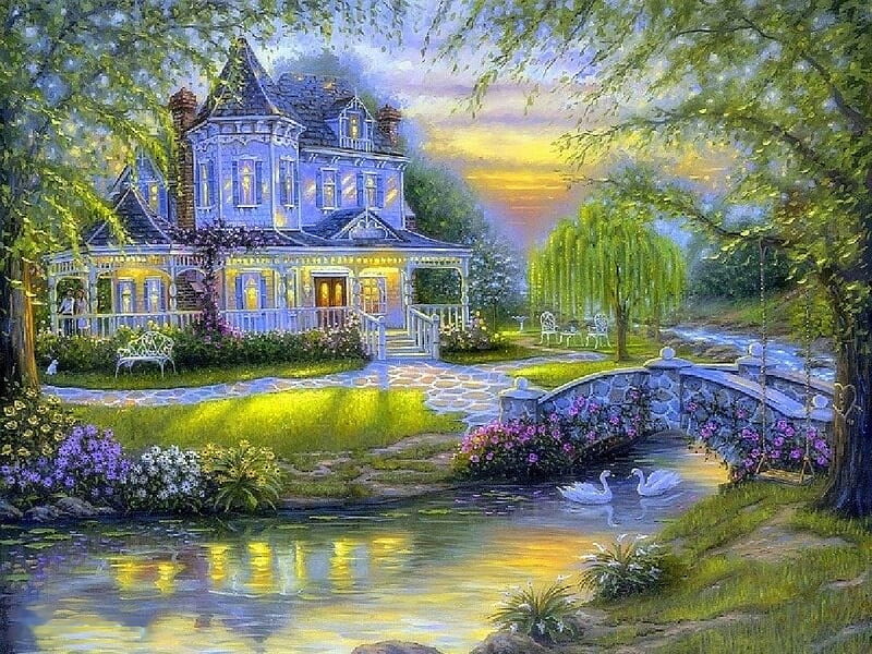 Victorian Home, house, bridge, painting, river, trees, artwork, HD wallpaper
