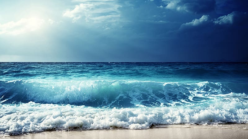Sky, Sea Waves, Blue Sky, Beach, Horizon, , , , Background, 53ecb4, Beach Ocean Waves, HD wallpaper