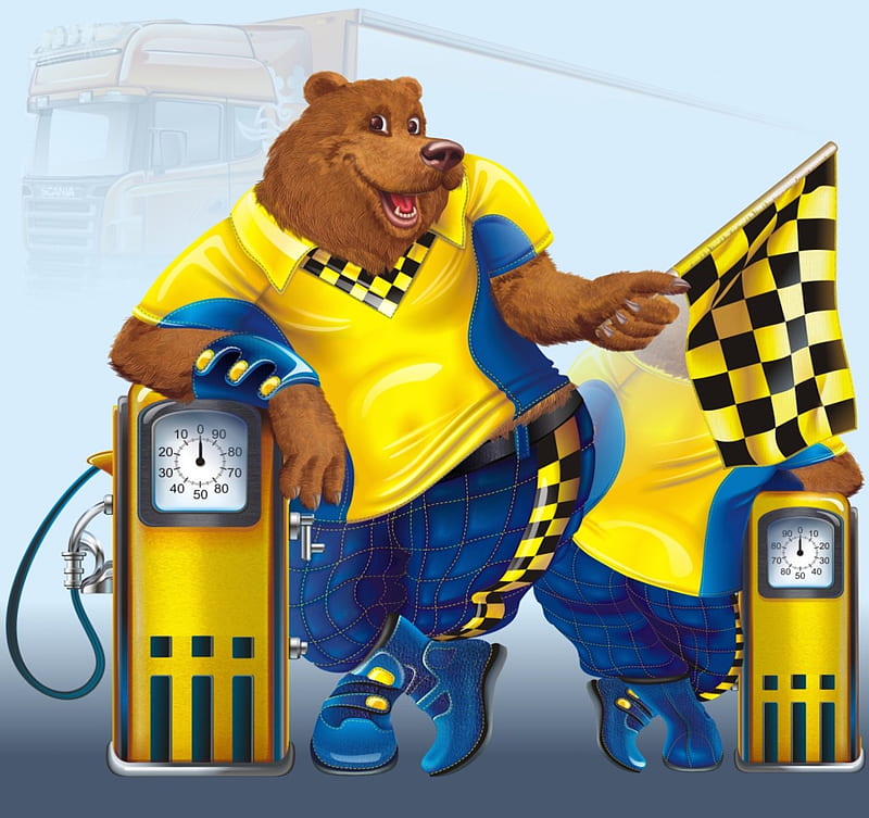Pit Stop Service, service, bear, yellow, racing, fuel pumps, flag, blue, HD wallpaper