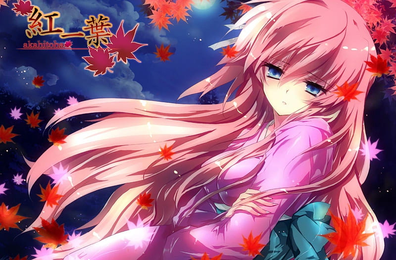 Megurine Luka - Akahitoha, fall, red, pretty, autumn, orange, luka, bonito, clouds, megurine luka, megurine, leaves, nice, red leaf, anime, beauty, vocaloids, pink, blue eyes, vocaloid, title, music, diva, sky, kimono, virtual diva, cute, cool, song, awesome, idol, HD wallpaper