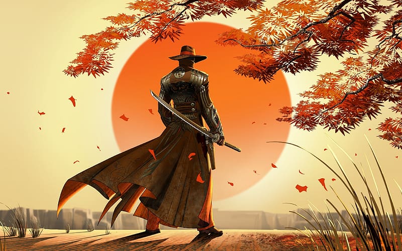 :), leaf, orange, toamna, sunset, art, man, wind, fantasy, comics, yellow, autumn, hat, HD wallpaper