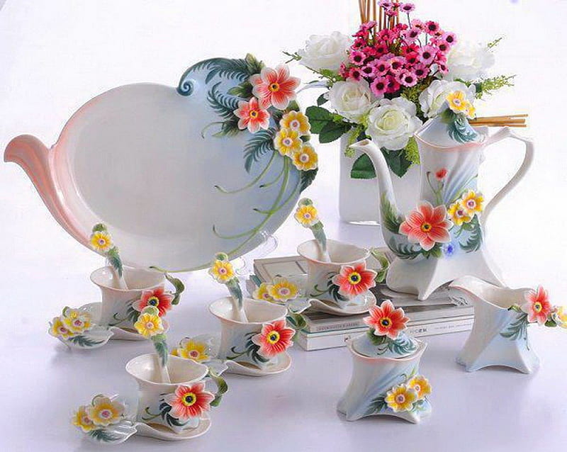 Spring tea set, glass, flowers, spring, tea pot, tea, cups, HD wallpaper
