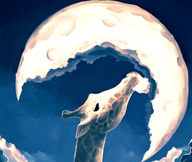 La fable de la giraffe, art, moon, luminos, aquasixio, fantasy, moon, white, blue, HD wallpaper