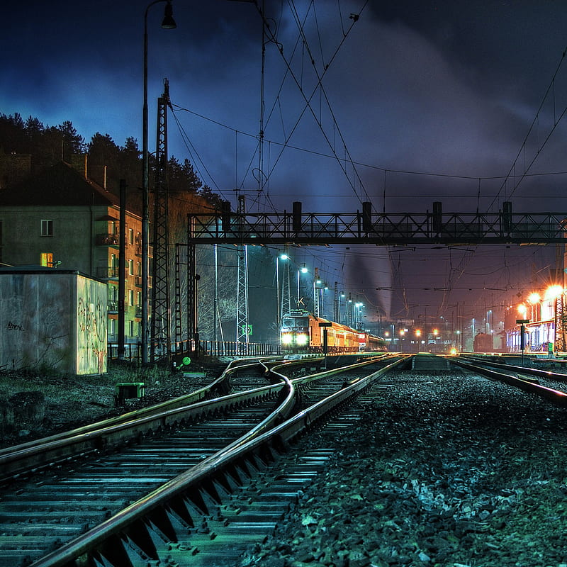 Train Tracks At Nigh, tracks at night, HD phone wallpaper