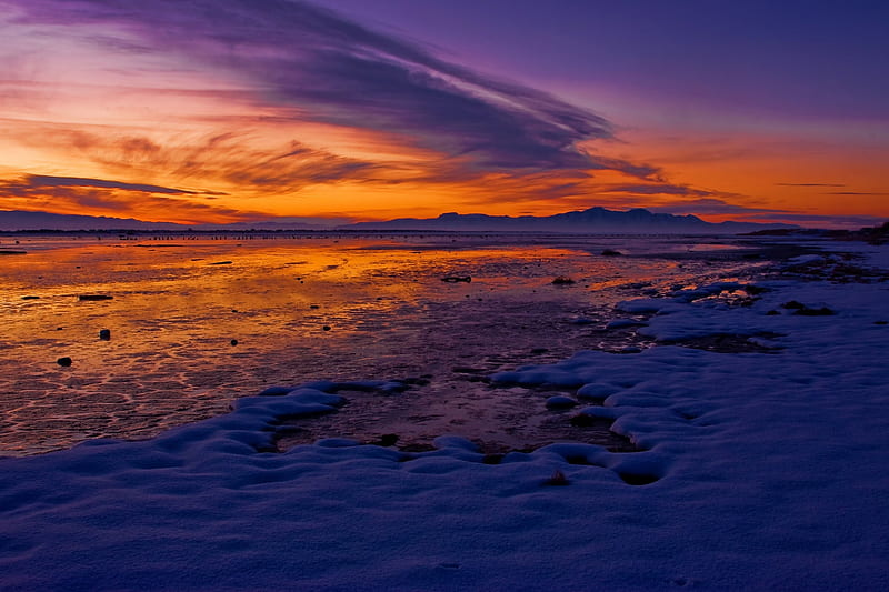 Snowy Beach, snow, colors, sunset, clouds, sky, sea, HD wallpaper | Peakpx