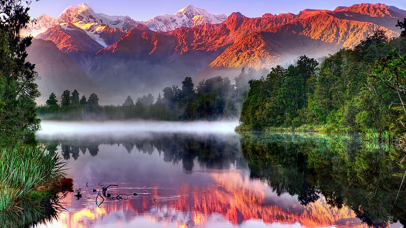 Lake Matheson, Southern Alps, New Zealand, trees, mountains, water, reflections, landscape, rocks, HD wallpaper
