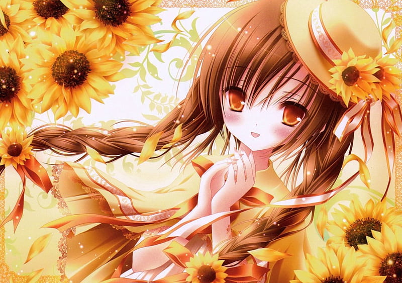 Sunflowers, girl, anime, flowers, sunflower, hat, HD wallpaper