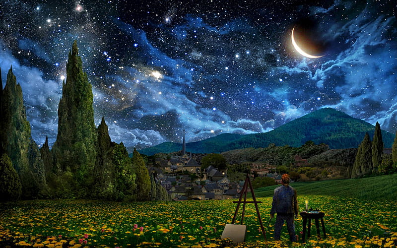 Starry Night, stars, artist, redhead, moon, painter, flowers, field, landscape, night, HD wallpaper