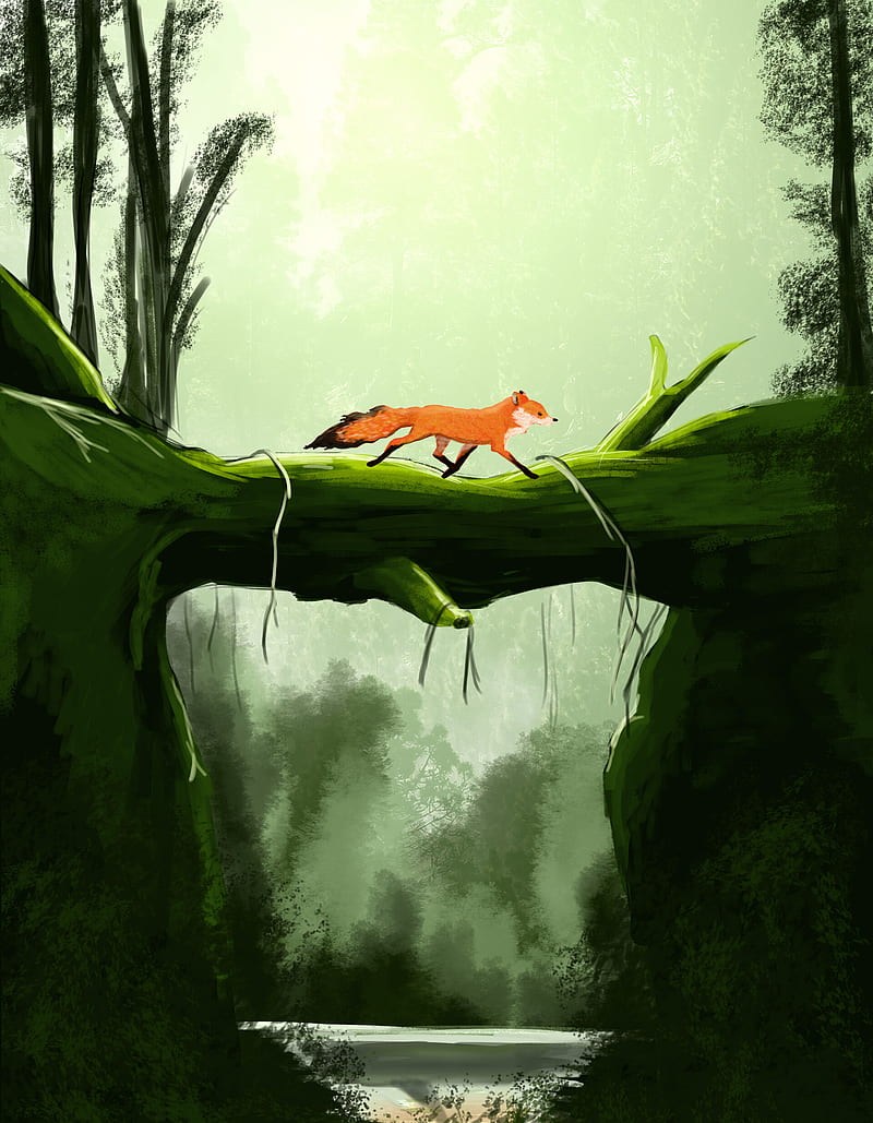fox, cute, bridge, art, HD phone wallpaper
