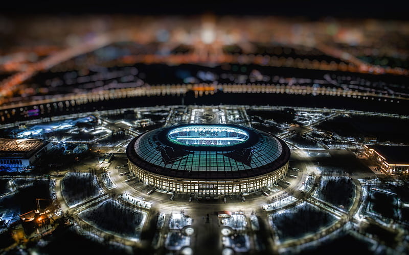 Luzhniki Stadium, evening, top view, blur, sports arena, main stadium, 2018 FIFA World Cup, Moscow, Russia, World Cup, Russia 2018, stadiums, largest football stadium in Russia, HD wallpaper