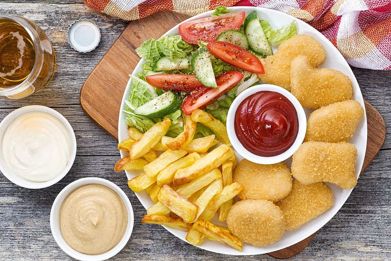 Food, Meal, Chicken, Salad, French Fries, Ketchup, HD wallpaper