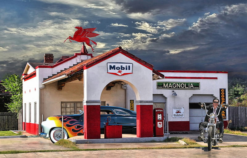 Gas Station, hot rod, car, station, motorbike, sky, gas, HD wallpaper