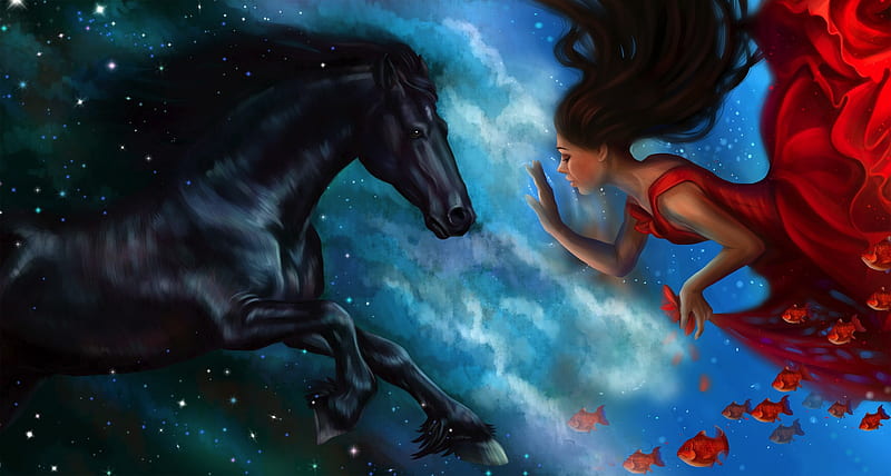 Princess with black horse, horse, sky, blue, red, art, fish, luminos, peste, black, vara, fantasy, girl, summer, HD wallpaper