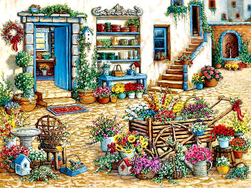 Fancy Flowershop FC, architecture, art, cityscape, bonito, illustration, artwork, stores, painting, shops, wide screen, scenery, HD wallpaper