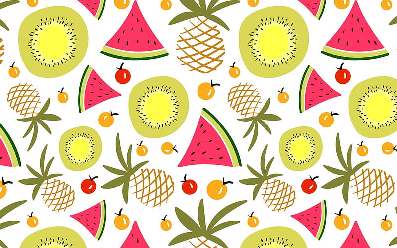 Texture, pattern, red, yellow, ananas, fruit, vara, green, watermelon, summer, paper, HD wallpaper