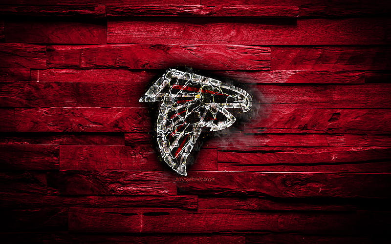 Atlanta Falcons scorched logo, NFL, red wooden background, american baseball team, National Football Conference, grunge, baseball, Atlanta Falcons logo, fire texture, USA, NFC, HD wallpaper