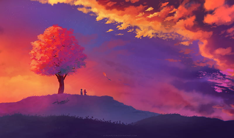Kite Colorful Painting Sunset Tree, kite, colorful, painting, artist, sunset, artwork, digital-art, HD wallpaper