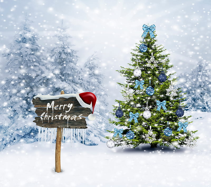 Xmas, christmas, merry, snow, tree, winter, HD wallpaper