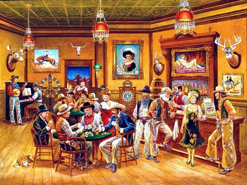 Western Heroes, saloon, table, poker, people, room, artwork, vintage, HD wallpaper