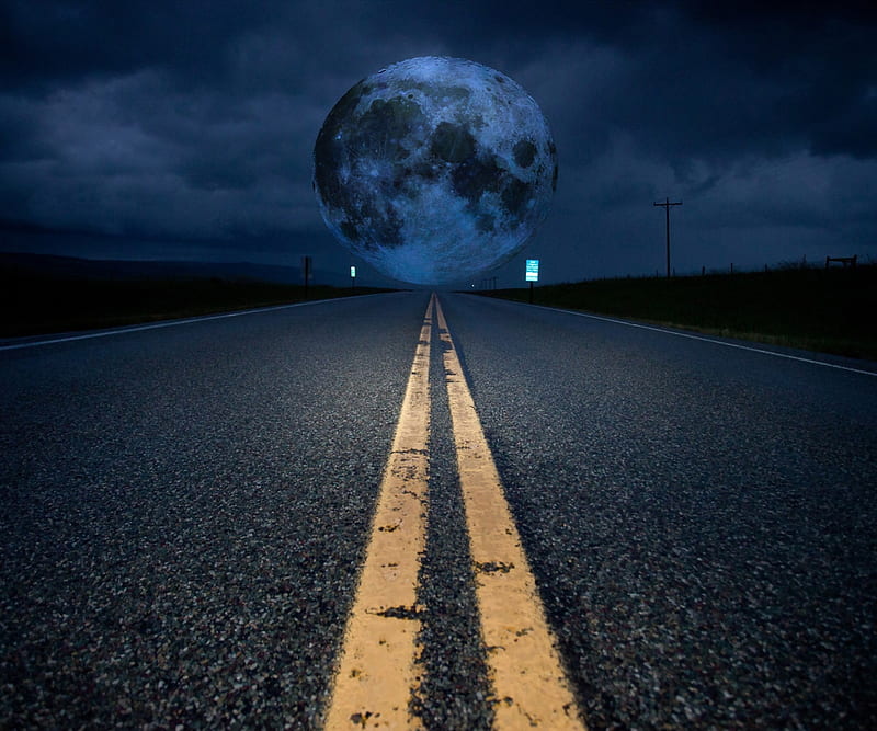 moon highway, way, highway, landscape, moon, new, nice, night, road, space, HD wallpaper