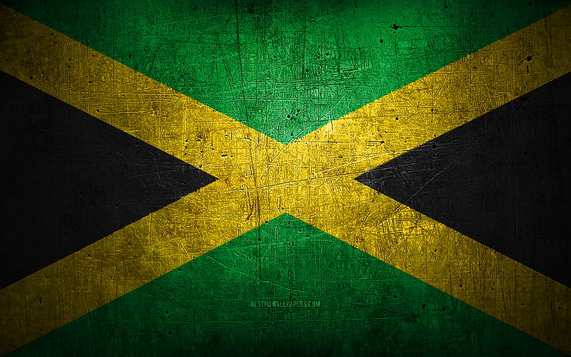 Jamaican metal flag, grunge art, North American countries, Day of Jamaica, national symbols, Jamaica flag, metal flags, Flag of Jamaica, North America, Jamaican flag, Jamaica, HD wallpaper