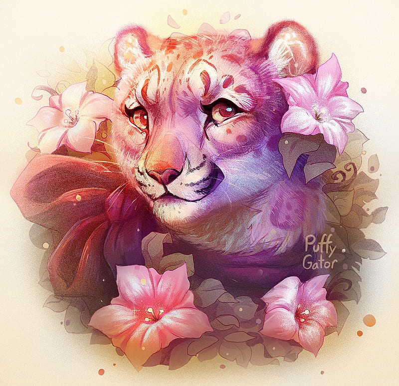 Pink Mabel, pink, cute, puffygator, leopard, flower, animal, HD wallpaper