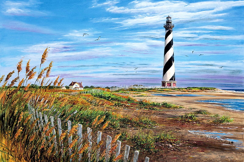 Cape Hatteras, sea, lighthouse, fence, painting, sky, clouds, artwork, HD wallpaper