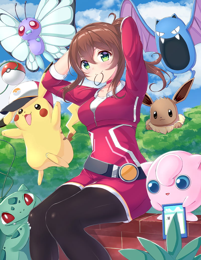 anime, anime girls, Pokémon, Pokemon Go, Pokémon trainers, Bulbasaur, Eevee, Jigglypuff, Pikachu, long hair, brunette, green eyes, HD phone wallpaper