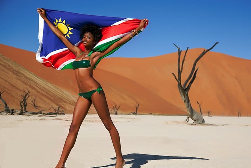 Adaora Akubilo credit to SI, namibia, flag, green bikini, sand dunes, dead trees, dark brown hair, HD wallpaper
