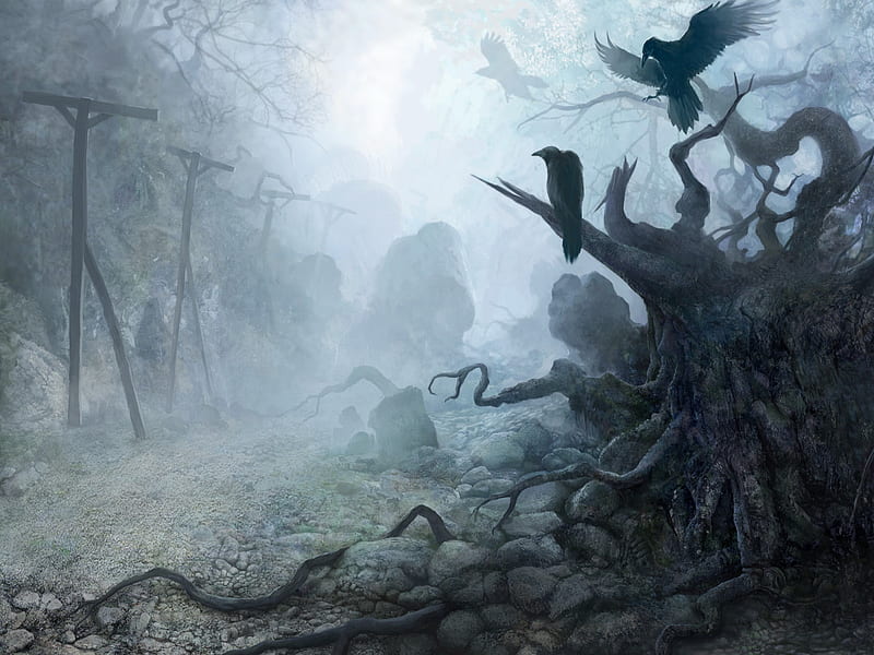Waiting for the Crucifixion, fantasy, roots, birds, cross, crucifixion, tree stump, mist, HD wallpaper