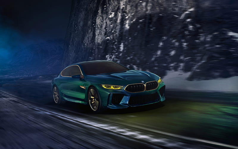 BMW M8 Gran Coupe Concept, 2018, new 4-door coupe, exterior, front view, new green M8, BMW, HD wallpaper