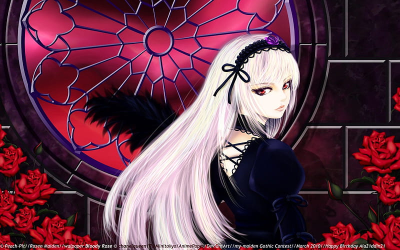 Goth anime girl, Black dress, Anime, red eyes, White hair, HD wallpaper