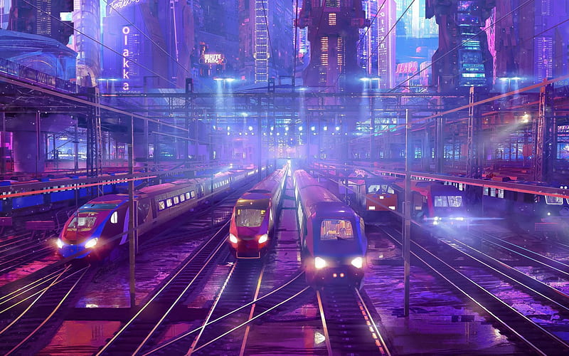 city, railway station, trains, railway, illustration, HD wallpaper