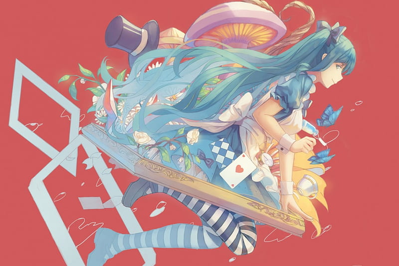 Hatsune Miku In Wonderland, vocaloid, dress, mushroom, hat, alice in wonderland, ponytails, fantasy, blue hair, cards, anime, Hatsune Miku, long hair, HD wallpaper