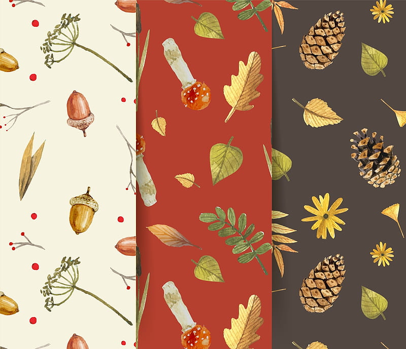 Texture, pattern, red, autumn, mushroom, pine cone, paper, leaf, HD wallpaper
