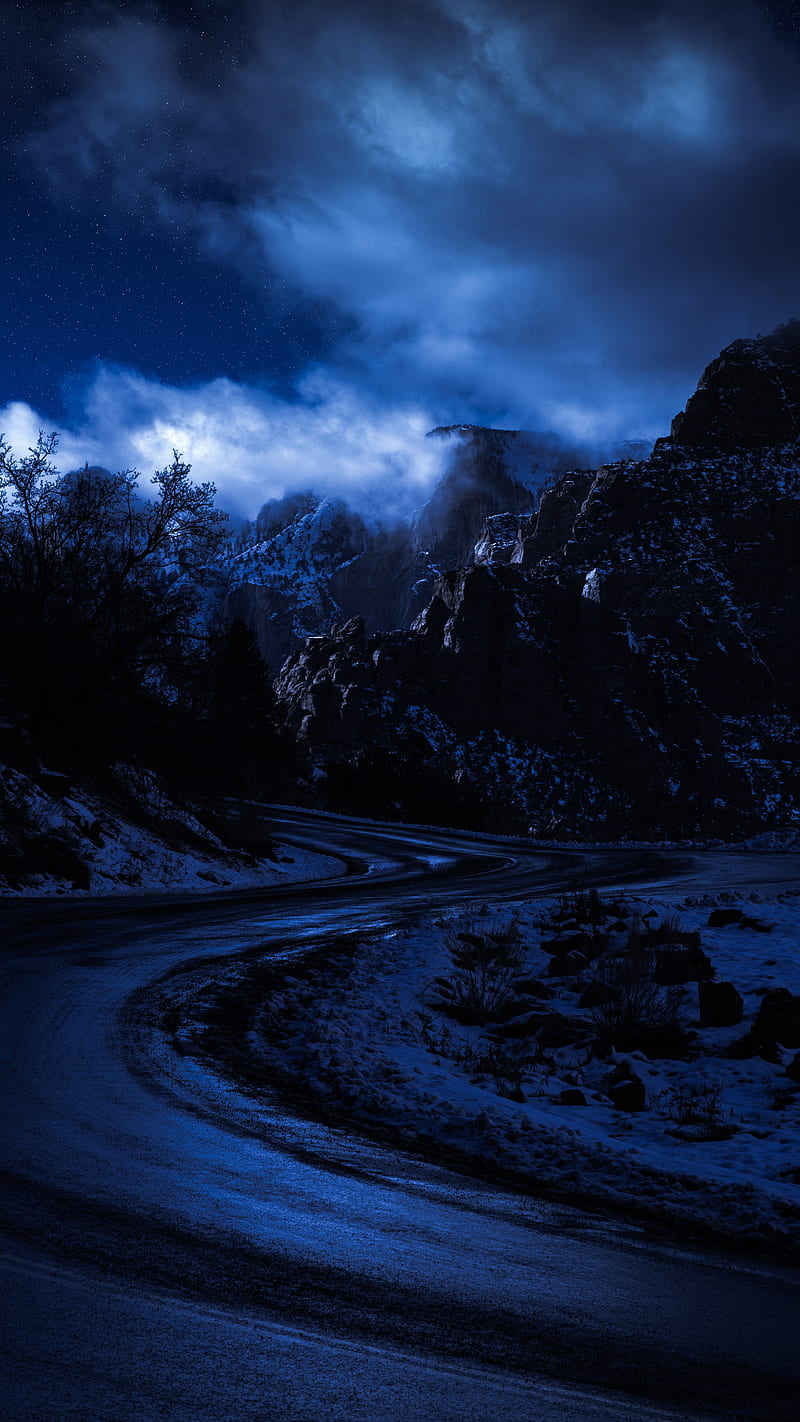 road, mountain, night, starry sky, HD phone wallpaper