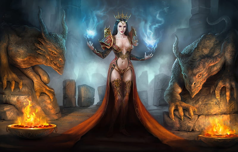 Demon queen, blue, fantasy, demon, girl, demoness, orange, luminos, HD wallpaper