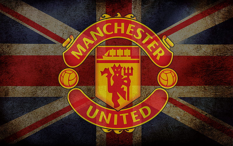 Manchester United FC, emblem, british flag, Premier League, logo, English football club, soccer, football, The Red Devils, Union Jack, Manchester, England, HD wallpaper