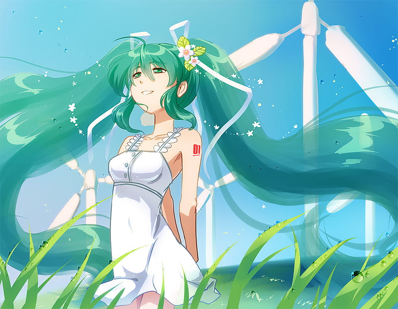 Hatsune Miku, dress, grass, ribbon, sky, tall, anime, flower, white, vocaloids, blue, HD wallpaper