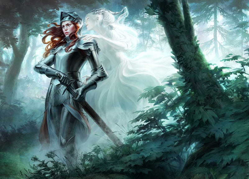 Guidance, forest, luminos, depingo, armor, spirit, fantasy, girl, sword, blue, HD wallpaper