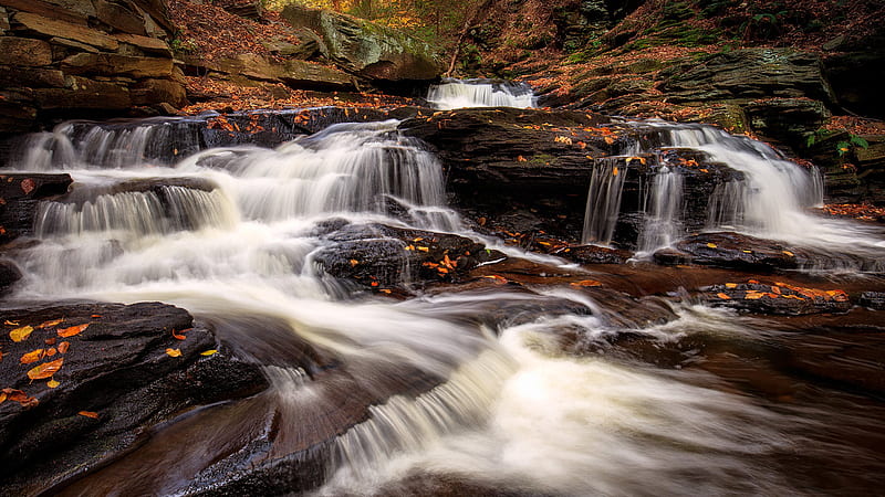 Stream Waterfall Between Rocks In Forest Nature, HD wallpaper