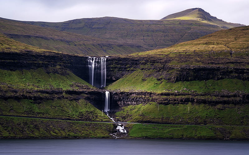 Fossa Waterfall, Faroe Islands, faroe, waterfall, nature, island, HD wallpaper