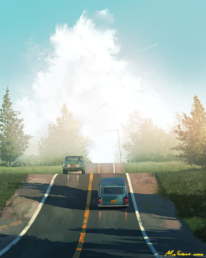 Mike Fazbear, road, clouds, car, trees, Retro car, sunset, sunrise, vehicle, illustration, sky, hills, HD phone wallpaper