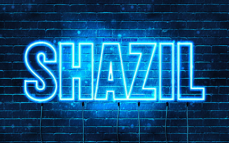 Shazil, , with names, Shazil name, blue neon lights, Happy Birtay ...