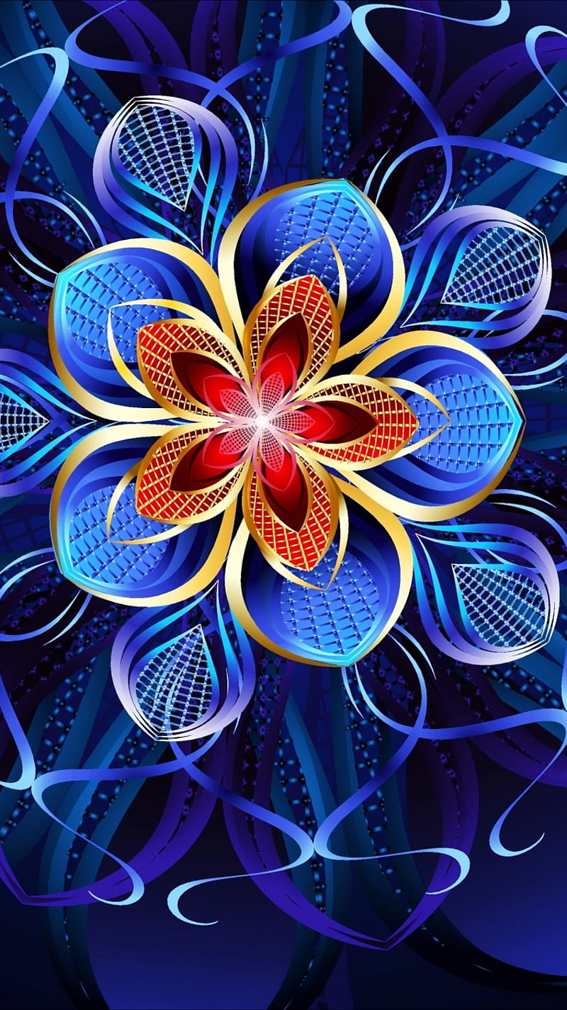 Flower, abstract, abstract digital, blue, digital, gold, leaf, pattern, pot, HD phone wallpaper