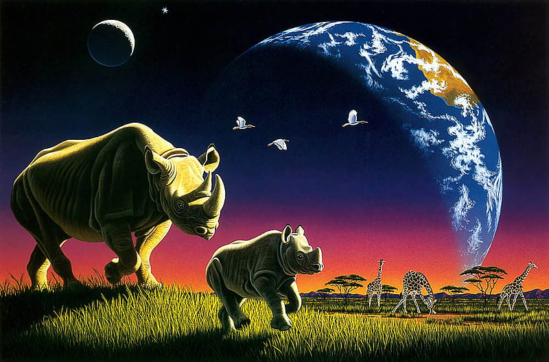 rhino and calf art by William Schimmel, calf, rhino, grass lands, HD wallpaper