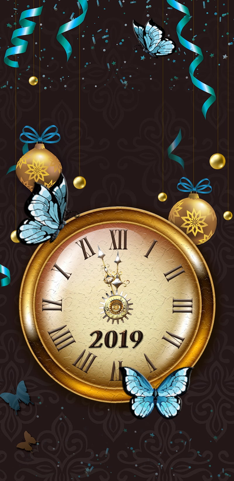 Newyear19 , happy new year, christmas, holiday, clock, butterfly, pretty, girly, golden, HD phone wallpaper