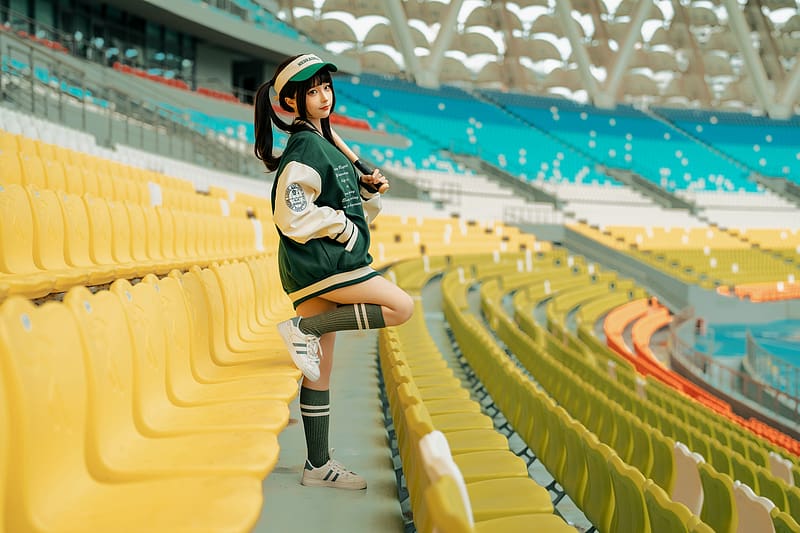 Chun Momo is ready for the Baseball Season, asian, brunette, stadium, model, jacket, bat, HD wallpaper