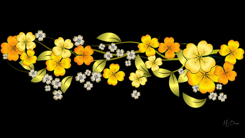 Border Flowers Gold, white blossoms, yellow, spring, ribbons, gold, summer, flowers, blooms, dianty, Firefox Persona theme, HD wallpaper